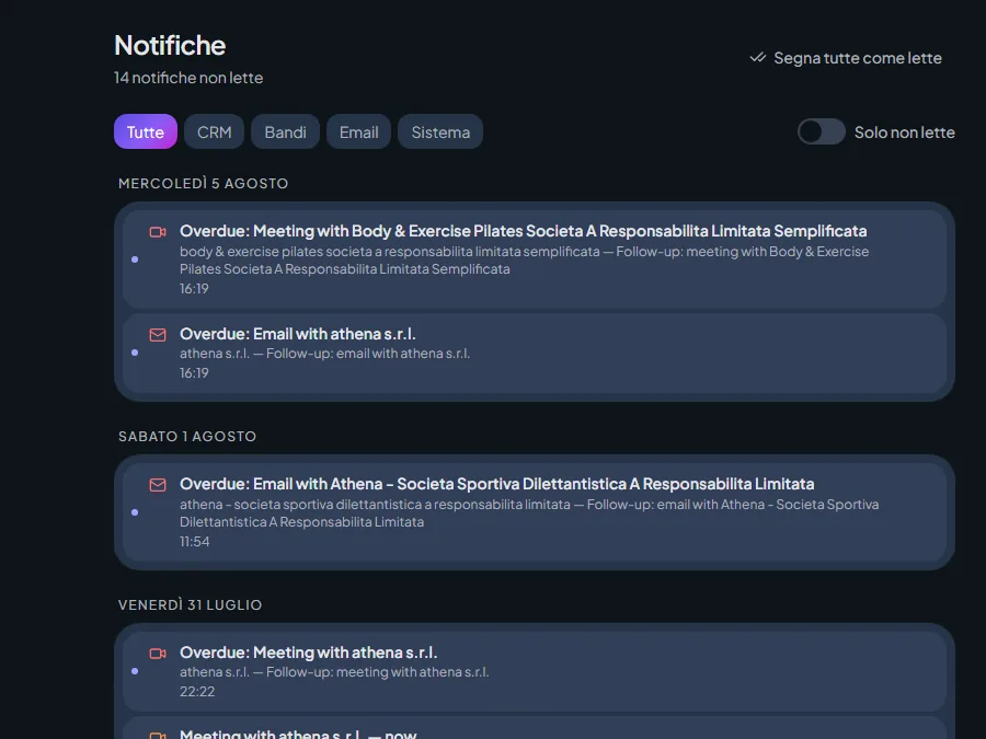 The notification centre with overdue follow-ups and filters by type