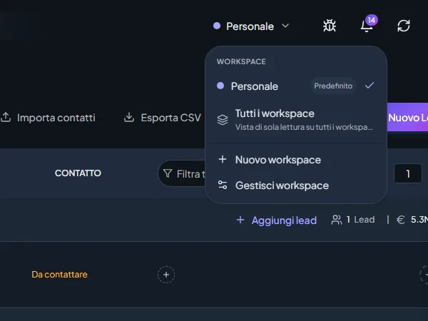 The workspace menu open: Personale as the default and the All workspaces view